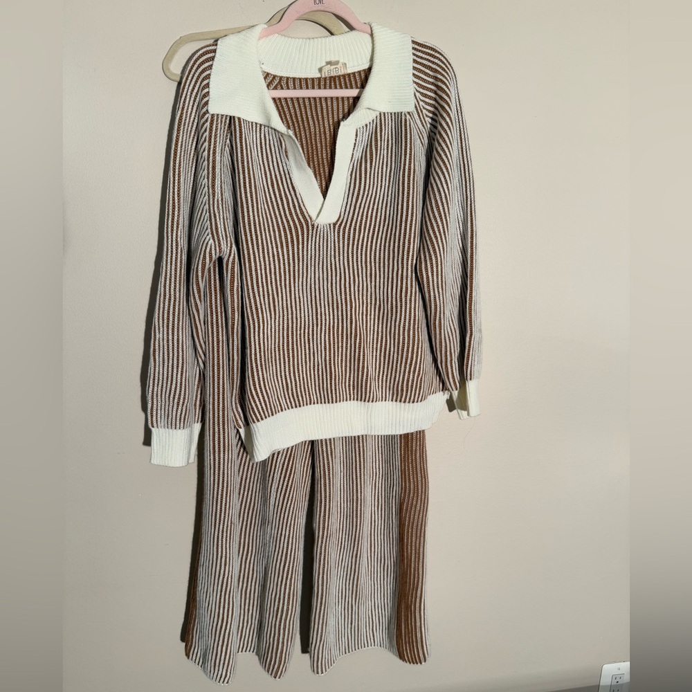 BiBi Ribbed Knit Set in Brown and Cream